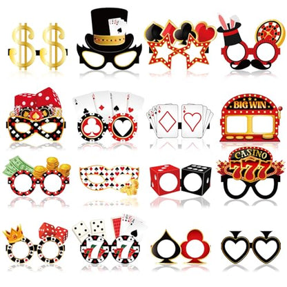 32 Pcs Casino Night Decorations Las Vegas Casino Glasses Paper Eyeglasses Poker Dice Selfie Photo Booth Props Kit Las Vegas Game Night Birthday Party Favors Supplies - style: Casino Night