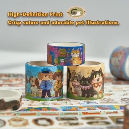 Cat Dog Washi Tape Set 20 Rolls, Cute Decorative Masking Tape for Junk Journal and Scrapbooking, DIY Crafting Supplies - style: Cat & Dog
