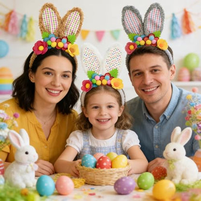 3 Pack Luxurious Easter Bunny Ears Headband Cute Plush Rabbit Ears for Kids Adult Cosplay Birthday Party Supplies - color: 3pcs Headband With Flowers-3