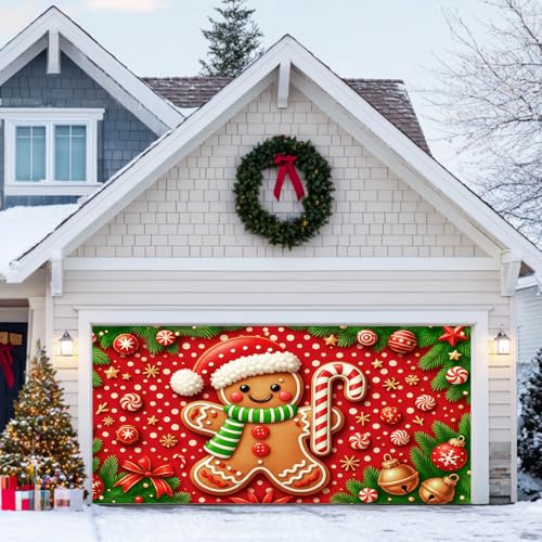 HOMETITUTE Christmas Garage Door Cover 13x6ft Gingerbread Man Banner Candy Cane Bells Stars Holiday Backdrop Red White Dot Background Gift Boxes Green Pine Branches Outdoor Indoor Seasonal - color: Garage Banner#8