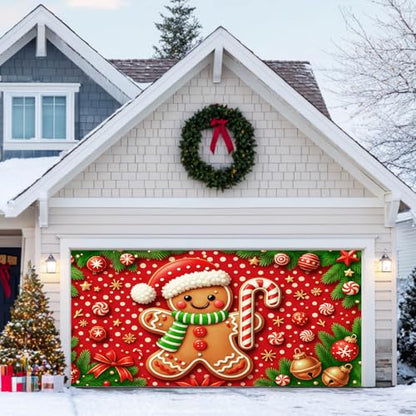 HOMETITUTE Christmas Garage Door Cover 13x6ft Gingerbread Man Banner Candy Cane Bells Stars Holiday Backdrop Red White Dot Background Gift Boxes Green Pine Branches Outdoor Indoor Seasonal - color: Garage Banner#8