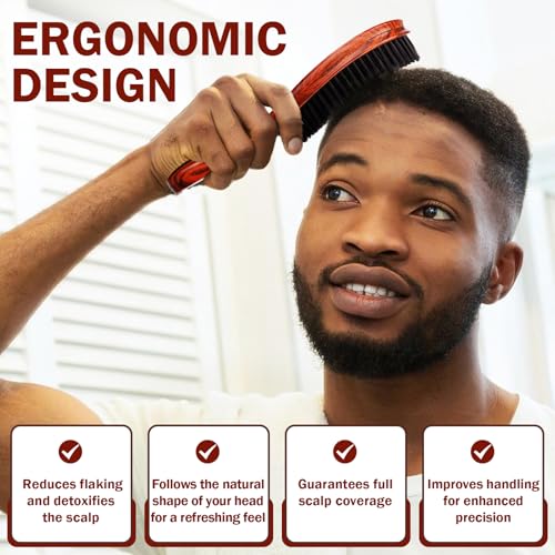 Handle Brushes for 360 Waves - Hard Wave Hair Brushes Wave Styler Great for Wolfing Wave Styler Brush Great for Black Hair - Boar & Nylon Bristle Curve Wave Brush for Barbers & Daily Use (Red)