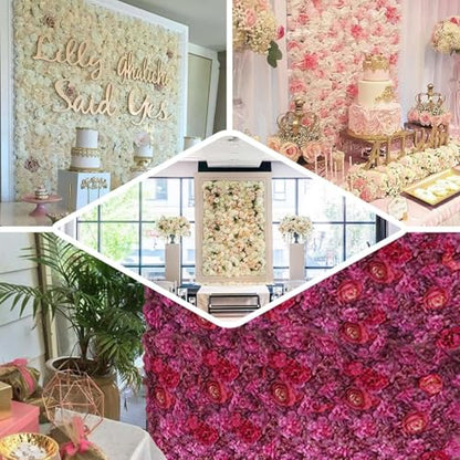 Efavormart Pack of 4 | 13 Sq. Ft. White Champagne Silk Flower Wall Panels, UV Protected 3D Mixed Floral Mat with Peonies and Roses for Wedding Backdrop - color: Champagne