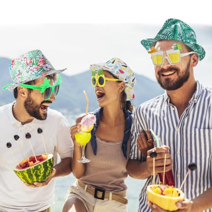 NICOWARM 6pcs Luau Fedora Hats, 6pcs Luau Party Sunglasses for Adults, with Luau Patterned includeing Flamingo, Pineapple, Photo Booth Props for Summer, Beach, Luau, Pool, Hawaiian Themed Parties