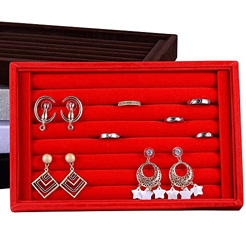 AKOAK 1 Pack Jewelry Display Tray Wooden Flannel Dresser Ring Earring Bracelet Watch Storage Case Portable Display Rack (red) - color: red
