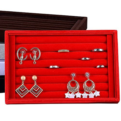 AKOAK 1 Pack Jewelry Display Tray Wooden Flannel Dresser Ring Earring Bracelet Watch Storage Case Portable Display Rack (red) - color: red