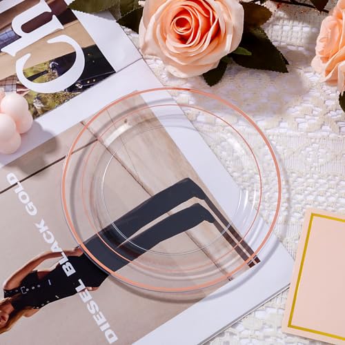 bUCLA 100PCS Clear Rose Gold Plastic Plates Disposable - Heavy Duty 6.25 Inch Clear Plastic Dessert Plates with Rose Gold Trim - Ideal for Party, Wedding & Mother's Day - color: Clear Rose Gold