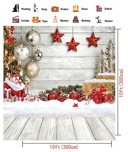CHAIYA 10X10FT Christmas Backdrop White Wood Floor Photography Backdrop Winter Snow Xmas Tree Gift Family Party Background New Year Party Decoration Backdrop CY242 - size: 10′x10′
