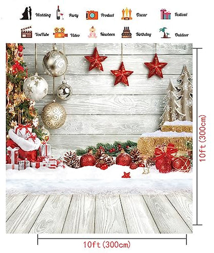 CHAIYA 10X10FT Christmas Backdrop White Wood Floor Photography Backdrop Winter Snow Xmas Tree Gift Family Party Background New Year Party Decoration Backdrop CY242 - size: 10′x10′