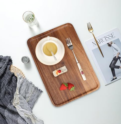 Large Wood Serving Trays Decor Long Charcuterie Cheese Boards Acacia Rectangle Wooden Platters for Food Dish Cookie Snack Appetizer Plates Rectangular Kitchen Dinner Platter Cake Dessert Plate Tray - size: 14" x 10" x 0.8"