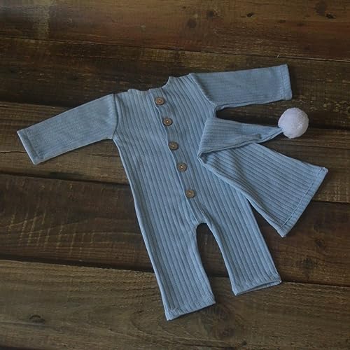 Newborn Baby Photo Shoot Props Girl Boy Crochet Knit Hat Costume Stripe Hat Pants Overalls Photography Props - color: Baby Blue