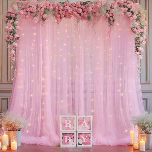 20x10ft Baby Pink Tulle Backdrop Curtain with Lights String for Parites, Sheer Backdrop Curtains for Wedding Baby Shower Birthday Party Photo Shoot Decorations - color: Baby Pink, size: 20ft x 10ft(4 Panels 5*10ft)