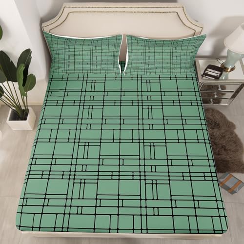 jejeloiu Green Black Geometric Fitted Sheet Twin Size Kids Stereoscopic Square Bed Sheets Set for Boys Girls Teens Bedding Set Breathable Modern Minimalism Art Bedroom Decor - color: Black Dark Green, size: Twin