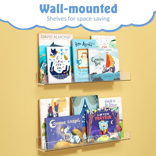 NIUBEE 24-Inch Acrylic Kids Floating Bookshelves, 2-Pack, Wall Mounted Clear Shelves for Kids' Growing Book Collections in Nurseries/Bedroom/Playrooms - size: 24''(2packs)
