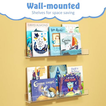 NIUBEE 24-Inch Acrylic Kids Floating Bookshelves, 2-Pack, Wall Mounted Clear Shelves for Kids' Growing Book Collections in Nurseries/Bedroom/Playrooms - size: 24''(2packs)