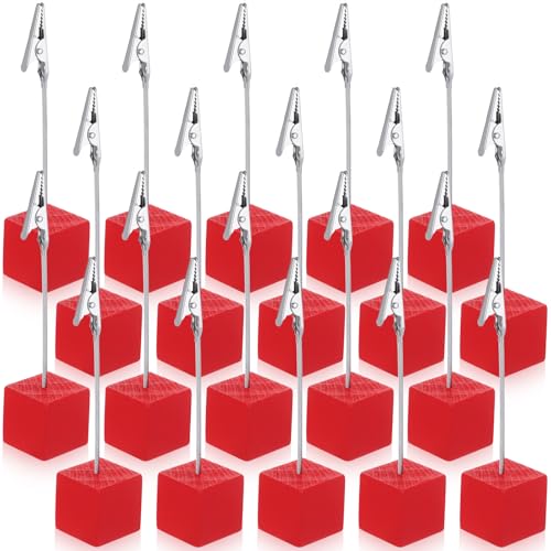 Gersoniel 20 Pcs Cube Base Memo Clip Holder with Alligator Clip Wood Table Number Holder Cube Base Place Card Stand Mini Photo Menu Stand for Displaying Number Card (Red) - color: Red