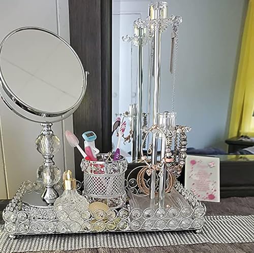 Hedume Crystal Cosmetic Mirrored Makeup Tray, 12.3" x 8", Large Jewelry Organizer, Ornate Decorative Vanity Tray for Dresser, Countertop, Wedding, Home, Bathroom - size: 12.3" x 8" x 2.3"