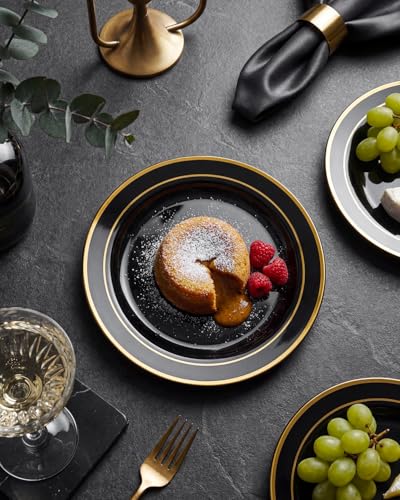 bUCLA 200PCS Black and Gold Plastic Plates - 6.25inch Black with Gold Rim Disposable Dessert/Salad/Appetizer/Small Cake Plates - Ideal for Party & New Year - color: 6.25Inch-200pcs-Black Gold