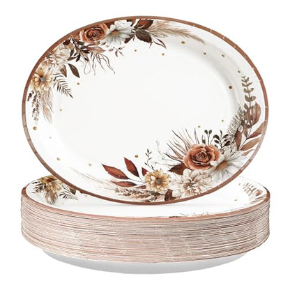 Grencian 50Pcs Fall Boho Floral Oval Paper Plates 10" x 12" Large Disposable Heavy Duty Fall Boho Rustic Dark Flower Tableware Dessert Plates for Autumn Thanksgiving Birthday Wedding Party Supplies - style: Fall Boho Flower Oval Set