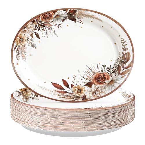 Grencian 50Pcs Fall Boho Floral Oval Paper Plates 10" x 12" Large Disposable Heavy Duty Fall Boho Rustic Dark Flower Tableware Dessert Plates for Autumn Thanksgiving Birthday Wedding Party Supplies - style: Fall Boho Flower Oval Set