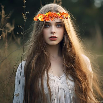 Wedding Floral Crown Women Floral Headband Flower Halo Flower Crown Bridal Party Cosplay Halloween Costume Photos - color: light orange