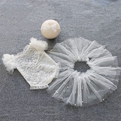 Newborn Photography Props Outfits Princess Baby Girl Pearl Lace Rompers Headdress Infant Baby Girl Photoshoot Costume - color: White