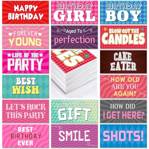 24 Designs Birthday Photo Booth Props Double Sided 11x5.5 Inch Photo Booth Props Happy Birthday Parties Decorations Set DIY Water Proof Selfie Signs PVC Printing for Holiday Party Supplies - color: Colorful, style: Colorful Birthday
