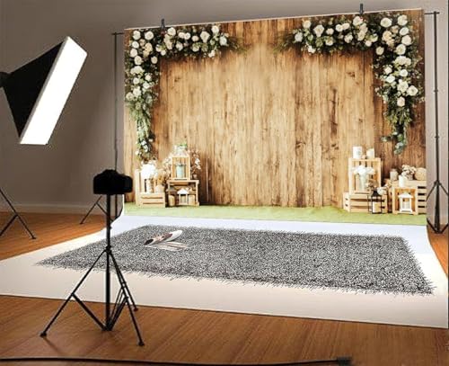 5 x 3 ft Wedding Wood Wall Rustic Floral Backdrop Reception Ceremony Photography Backdrop Wedding Party Bride Shower Banner Props Photography Studio Props Decor - color: Yellow, size: 5x3ft
