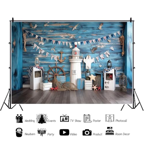 YongFoto Nautical Adventure Theme Backdrop 7x5ft Blue Deck Lighthouses Boat Rudder Fishing Net Seagull Photography Background Baby Shower Boy Birthday Party Banner Portraits Photoshoot Wallpaper - color: Style 1, size: 7ftx5ft