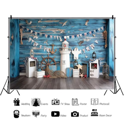 YongFoto Nautical Adventure Theme Backdrop 6x4ft Blue Deck Lighthouses Boat Rudder Fishing Net Seagull Photography Background Baby Shower Boy Birthday Party Banner Portraits Photoshoot Wallpaper - color: Style 1, size: 6ftx4ft