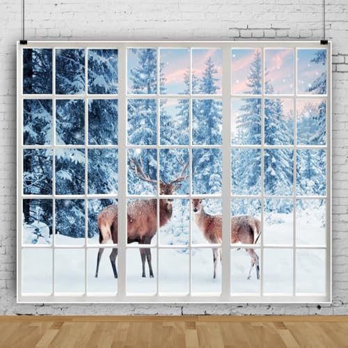 10x8ft Winter Reindeer Backdrop Snow Forest Window View Photography Backdrop Snow Wonderland Background Photo Prop Christmas Winter Tapestry for Wall Decor - size: 10x8ft-Polyester