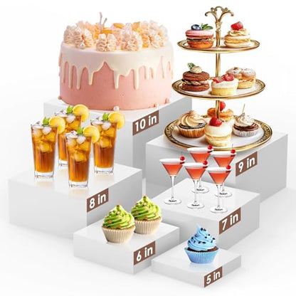 6Pcs White Buffet Risers Set (Size 5",6",7",8",9",10"),Food Risers for Buffet Table Display Stand Shelf for Party Catering Dessert Collectibles Acrylic Cube Boxes Display with Hollow Bottoms