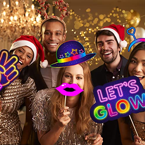 25pcs Glow Neon Photo Booth Props with Stick, Photo Props for Birthday Let's Glow Themed Neon Glow in The Dark Disco Black Light Party Decoration Supplies