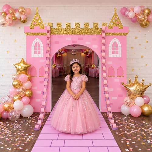 Frienda Princess Party Decorations Kit Pink Castle Backdrop Princess Door Cover with Rug 200 Purple and Pink Paper Chain Royal Kingdom Wall Fort for Renaissance Knight Castle Photo Props - style: Princess