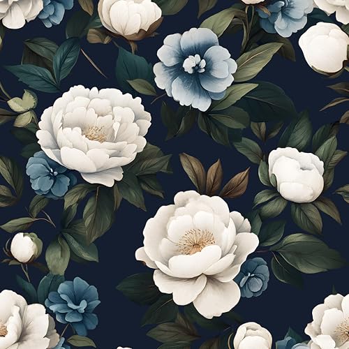 Laatse Navy Blue Floral Wallpaper Peel and Stick Vintage Peony Contact Paper 17.5"X118" Vinyl Waterproof Self Adhesive Removable Dark Botanical Print Wall Paper for Bedroom Living Room Cabinets - color: Blue Peony, size: 17.5" x 118"