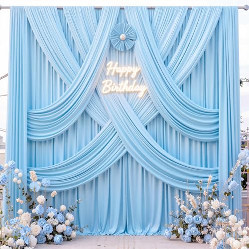 40 ft x 10 ft Wrinkle Free Baby Blue Backdrop Curtains for Parties, 8 Panels Polyester Light Blue Photo Backdrop Drapes for Birthday Wedding Party Baby Shower Photography - color: Baby Blue, size: 5'(W) x 10'(H), 8 panels