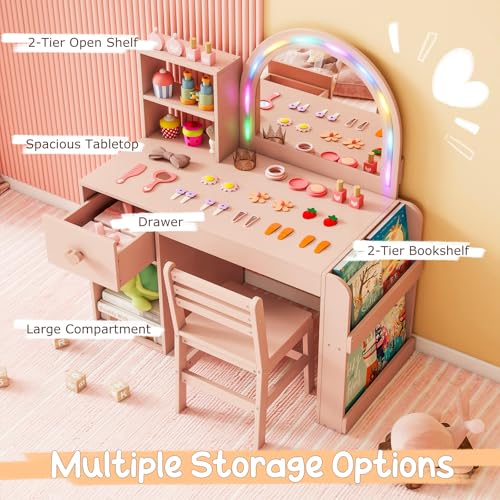 Costzon Kids Vanity, Girls Vanity Set with Lighted Mirror, Bookshelf, Drawer, Storage Cabinet & Shelves, Toddler Makeup Vanity Desk Dressing Table, Wooden Kids Vanity Table and Chair Set (Pink) - style: Pink with Bookshelf