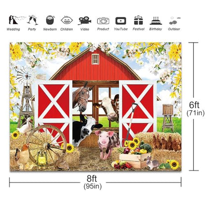 Spring Farm House Photography Backdrop 8x6ft Animals Red Rustic Barn Birthday Background Party Decorations for Kids Farm Theme Baby Shower Banner Photo Booth Props - size: 8x6ft