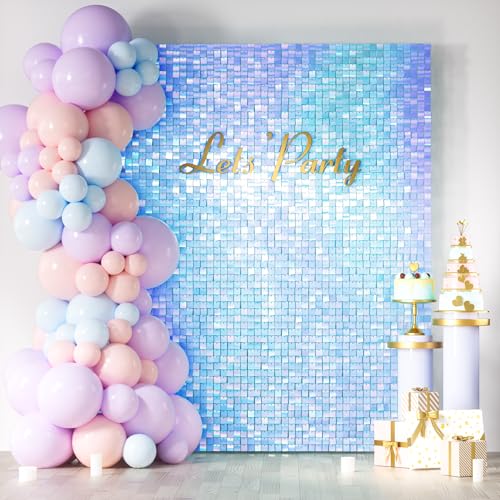 COKAOBE Iridescent Blue Shimmer Wall Backdrop, 24PCS Square Sequin Shimmer Backdrop Panel, Photo Backdrops for Birthday, Anniversary, Wedding, Graduation & Bachelorette Party Decoration - color: Rainbow Blue, size: 24pcs (6x4ft)