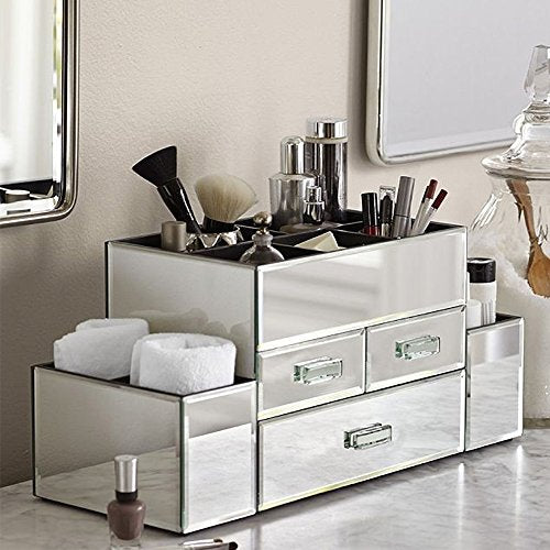 OnDisplay Amara 3 Drawer Tiered Mirrored Makeup/Jewelry Organizer - Glass Panel Organization Station for Cosmetics, Jewelry or Office/Desk Supplies - color: Silver
