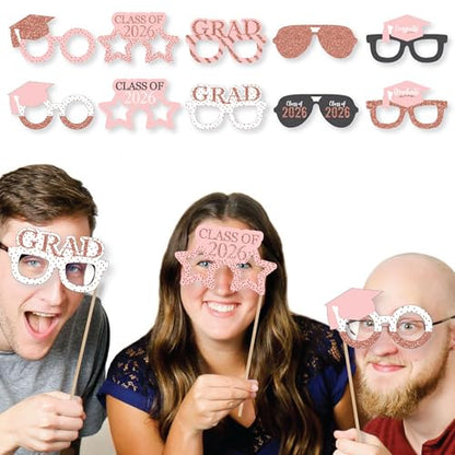 Big Dot of Happiness Rose Gold Grad Glasses - 2026 Paper Card Stock Graduation Party Photo Booth Props Kit - 10 Count