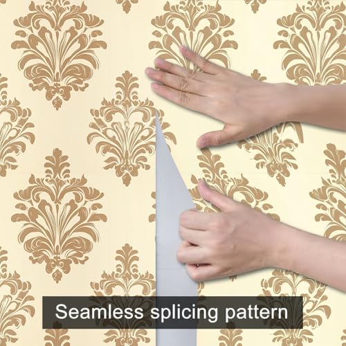 HOMETITUTE Wallpaper Peel and Stick Gold Damask on Beige Background Contact Paper Wall Paper Stick 17.7" x 118.1" Self Adhesive Removable Vinyl Wall Covering Bedroom Kitchen Bathroom Home Decor - color: Gold Damask on Beige Background