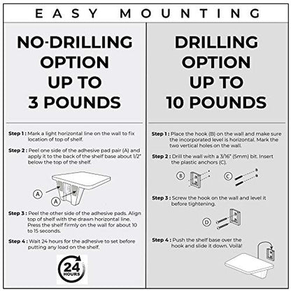 White Small Floating Shelf Set of 2 - for Wall with No Drill Option [ Adhesive ]