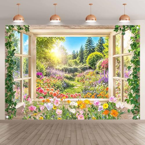 Fabric 7x5ft Spring Summer Garden Window Photography Backdrop Blooming Flowers Floral Nature Landscape Forest Background Kids Aldults Wedding Party Decorations Photo Props