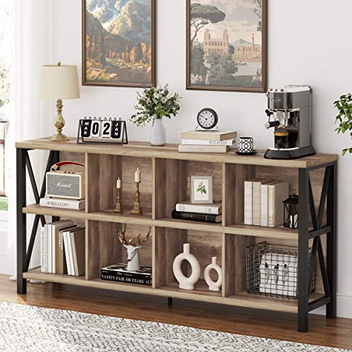FATORRI 8 Cube Storage Organizer Bookshelf, 62 Inch Rustic Wood Horizontal Bookcase, Industrial Long Book Shelf for Living Room (Rustic Oak) - color: Rustic Oak