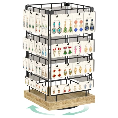 EsLuker.ly Rotating Earring Display Holder Stand for Vendors Events Selling, Large Capacity 64 Hooks Jewelry Rack with Wooden Base for Earring Card Sales, Enhances Retail Display Visibility - color: Oak+Black