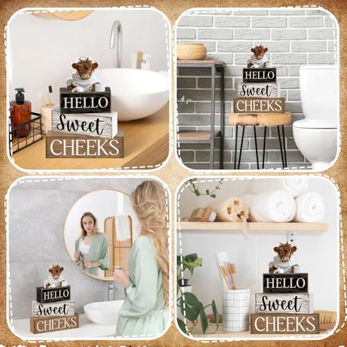 Moucuny 4 Pcs Bathroom Shelf Decor Highland Cow Farmhouse Bathroom Decor and Accessories Rustic Eucalyptus Leaves Hello Sweet Cheeks Highland Cow Sign Western Table Centerpiece for Home Office Toilet - style: Bathroom Highland Cow