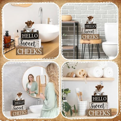 Moucuny 4 Pcs Bathroom Shelf Decor Highland Cow Farmhouse Bathroom Decor and Accessories Rustic Eucalyptus Leaves Hello Sweet Cheeks Highland Cow Sign Western Table Centerpiece for Home Office Toilet - style: Bathroom Highland Cow