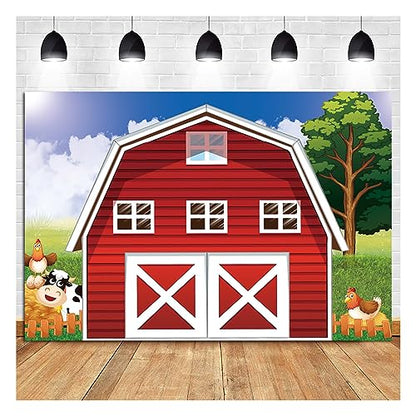 Cartoon Farm Photography Backdrop 7x5ft Animals Rustic Farmhouse Red Barn Photo Background for Kids Birthday Party Decoration Barnyard Baby Shower Newborn Photobooth Banner - size: 7x5 FT