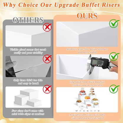 7Pcs White Acrylic Buffet Risers with Mini Sign and Marker, Food Display Risers for Party Catering Dessert Jewelry Collectibles,Acrylic Cube Nesting Boxes with Hollow Bottoms(8" 7.5" 7" 6.8" 6" 5" 5") - size: 8" 7.5" 7" 6.8" 6" 5" 5"